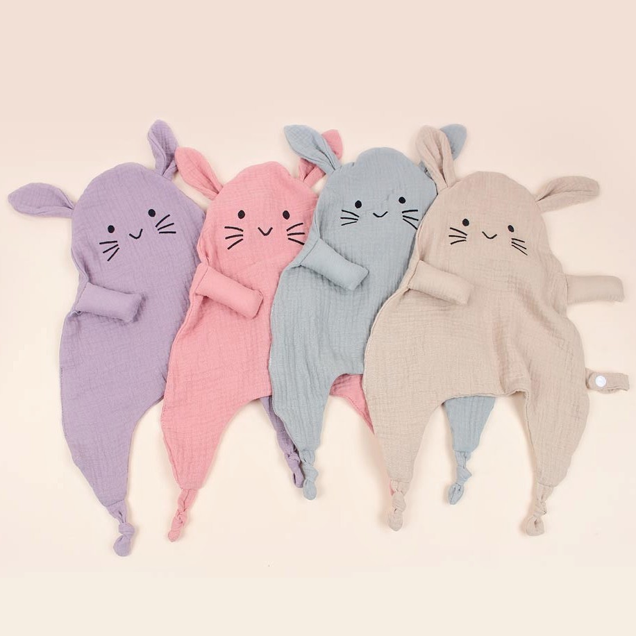 ins純棉紗布刺繡貓咪安撫巾陪睡小毯子寶寶兔耳朵方巾兒童口水巾
