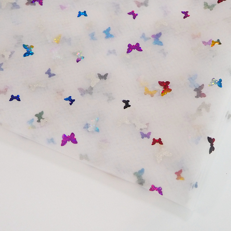 Fabricantes de mariposa colorida sequinilla tela de malla ropa infantil princesa vestido tela de malla ropa de rendimiento tela de malla en stock