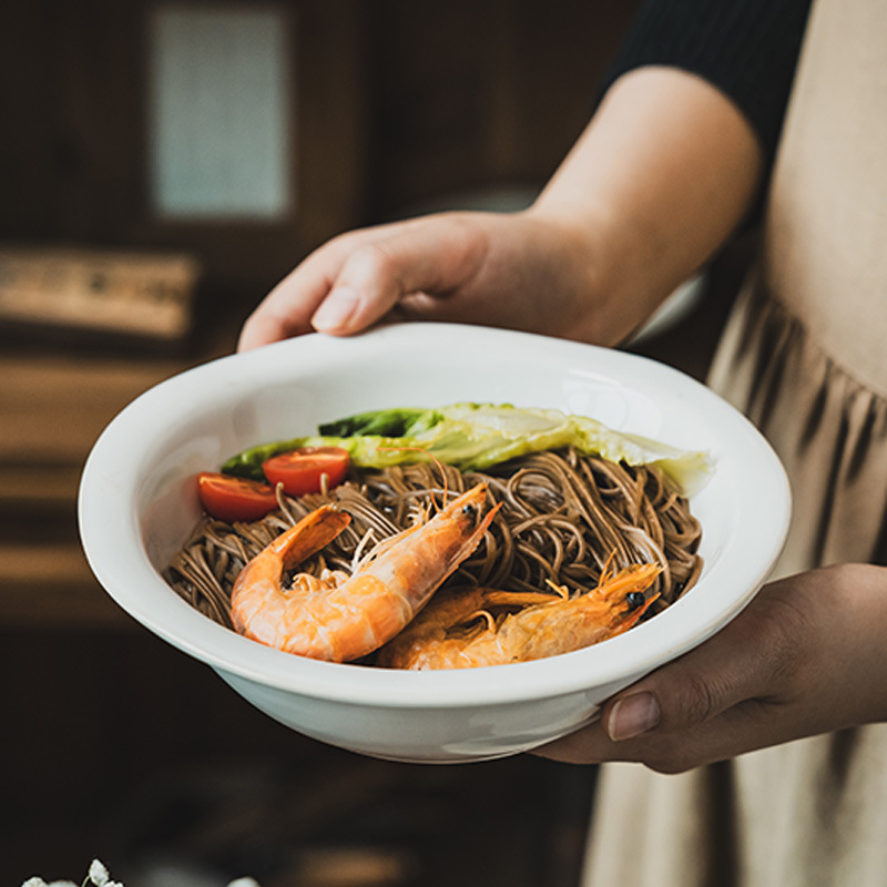 Retro color sólido sombrero de paja simple cuenco de cerámica blanca gran tazón de fideos caseros tazón de sopa tazón de platos grandes cubiertos al por mayor
