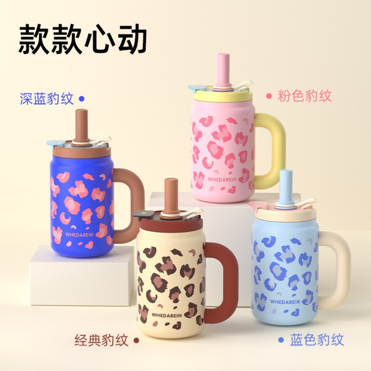 Taza de hielo de leopardo de gran capacidad 316 taza de acero inoxidable taza de agua de alto valor para hombres y mujeres taza de paja con mango taza