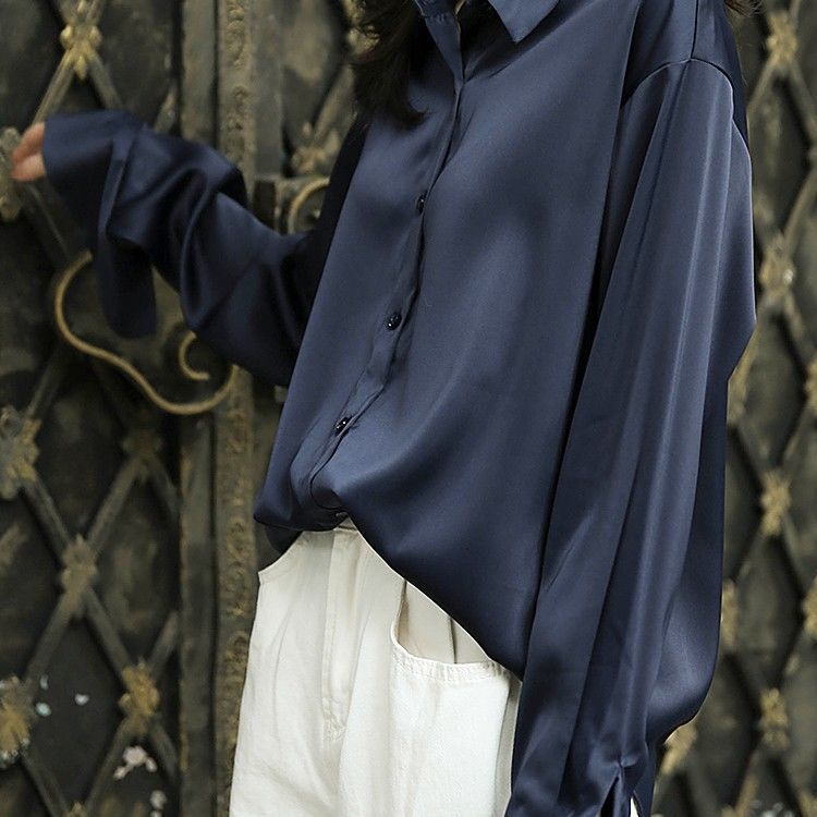 Silk-Like Satin Shirt for Women with a Unique Design, Drapey Satin Long-Sleeve Shirt, Loose and Versatile Top for Autumn