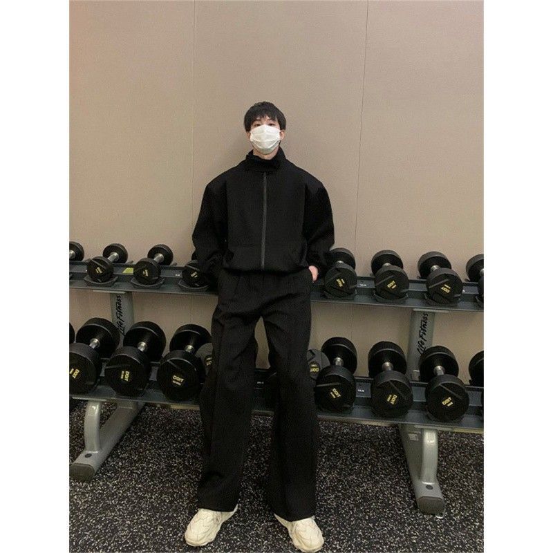 (2개) 한국식 유행 캐주얼 느슨한 어깨 패드 스웨트 봄 가을 간단한 스포츠 외부 세트 남자 바지 투피스 세트