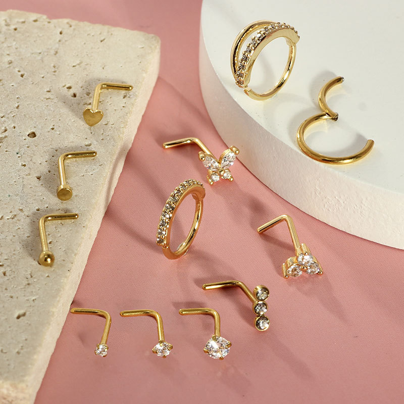 Classic 12-Piece Nose Nail Set Curved Barbell Copper Inlaid Zircon 7mm Nose Ring Set for Women Men detail image 7