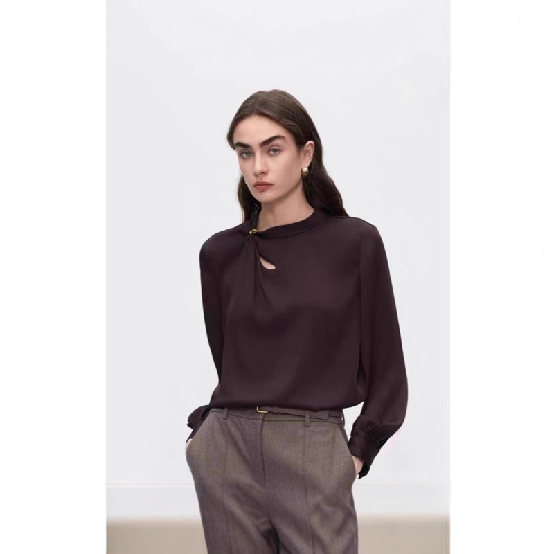 Langjia Yun Pleated Hollow-Out Design Shirt with a Fashionable Drape Effect and Metal Buttons, Suitable for Commuting, New Winter 2025 Model