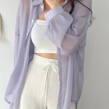 珠光纱雪纺衬衫女夏季薄款新款宽松百搭冰丝防晒衫外套中长款上衣