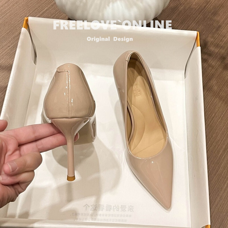 Sheepskin Version~Hong Kong Nude-Colored High-Heeled Shoes for Women with Bowknot Pointed Toe, Patent Leather Professional Stiletto Heels for Work, Spring Sheepskin Version~Hong Kong Nude-Colored High-Heeled Shoes for Women with Bowknot Pointed Toe, Patent Leather Professional Stiletto Heels for Work, Spring