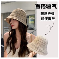 女性用の新しい夏の中空レトロ帽子、韓国風盆地帽子、ファッショナブルな無地のバケットハット、気質、年齢を減らす日焼け止め帽子