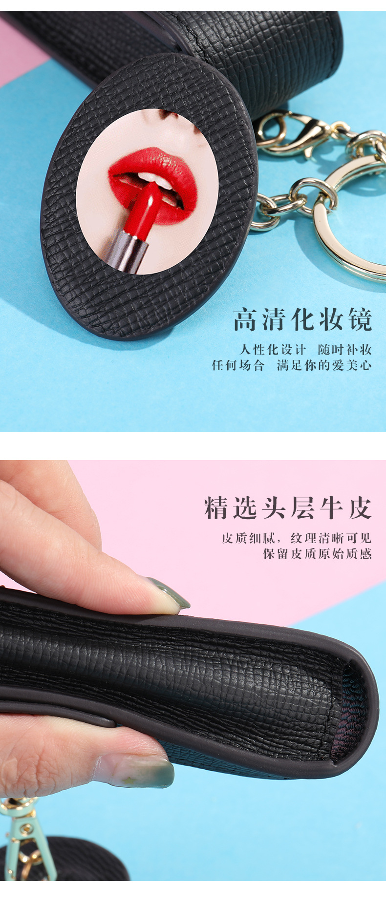 Ví cầm tay nữ phong bì da bò thật kèm gương và móc khóa — Màu đen, Màu hồng chi tiết 18