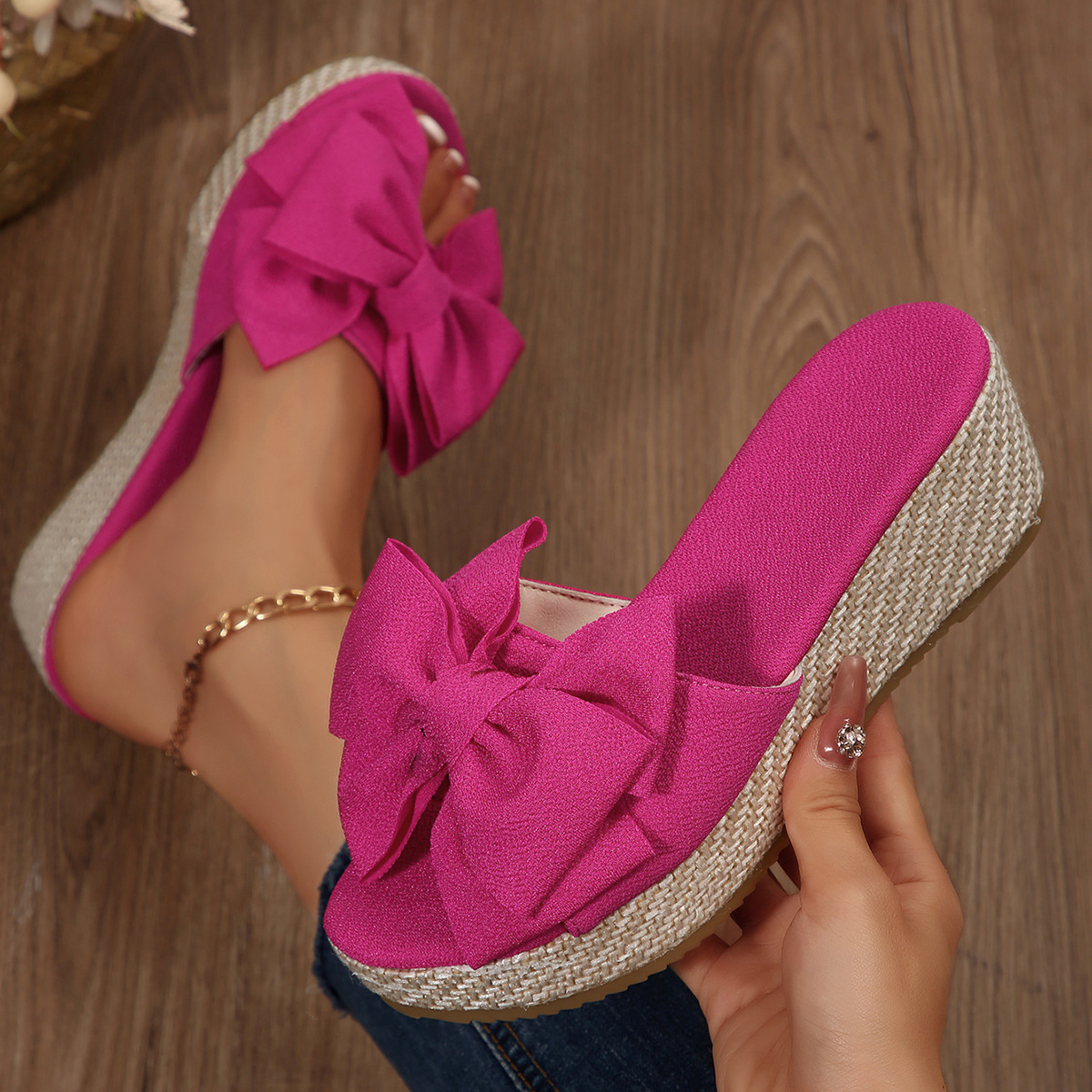 Women's Summer Bow Wedge Sandals European And American Style Thick Sole Platform Fabric Plus Size New Style_vogvips.com