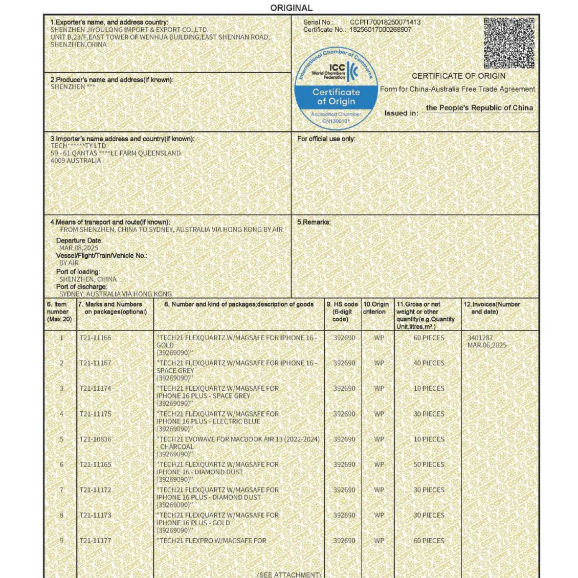 Сертификат происхождения Китай-Чили (форма FFF), сертификат происхождения Китай-Чили, сертификат преференциального таможенного оформления (агентство, форма F)