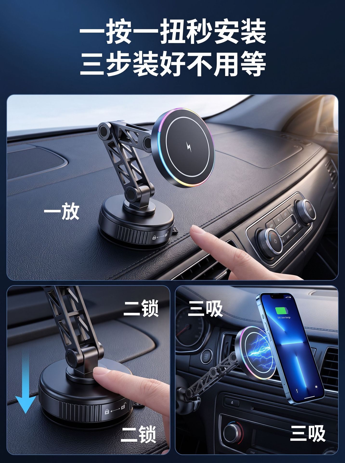 Cross-Border Vacuum Adsorption 15W Wireless Fast Charging Car Mount, Anti-Shake Extended Arm Foldable Magnetic Car Phone Holder