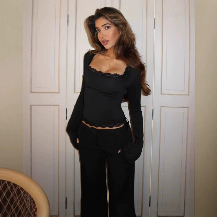 Весна-лето 2025: новые европейские и американские стильные женские модные элегантные сексуальные универсальные облегающие топы с длинным рукавом из кружева