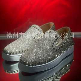 cl andgz红底鞋浅金色闪粉圈银钉一脚蹬男鞋铆钉休闲女鞋情侣板鞋