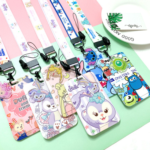 Japanese and Korean cute internet celebrity push-pull card holder cartoon student bus ID bank card protective cover with halter rope for men and women