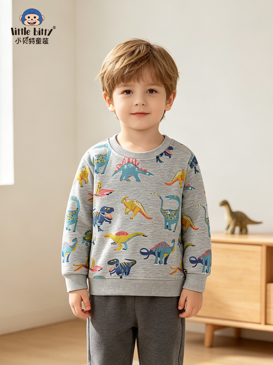 Cross-border children's clothing for autumn and winter, 2026 cartoon dinosaur print long-sleeve children's sweatshirt, in stock