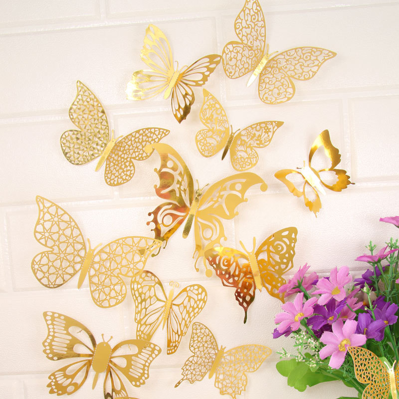 Hollow Bronzing Butterfly 3D Wall Stickers Waterproof Home Background Wall Wallpaper Wedding Auditorium Party Decoration Stickers
