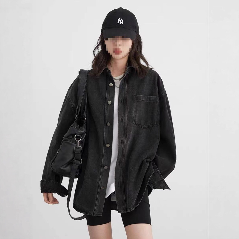 Autumn and Winter New Bf Style Loose Lapel Denim Shirt Distressed Slit Top Mid-Length Outwear Women's Black Off-Shoulder