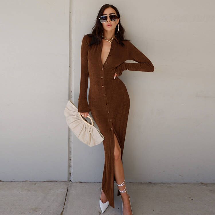 solid color knitted V-neck single-breasted long-sleeved dress NSAFS135529