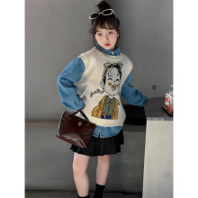 女童春秋针织马甲2025新款洋气中大童牛仔衬衫外套儿童秋装套装潮