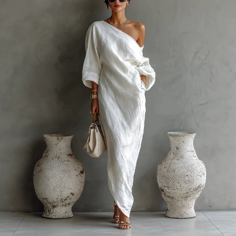 European and American Cross-Border 2026 Spring and Autumn New Women's Ivory White Cotton-Linen Blend One-Shoulder Flowing Elegant Dress