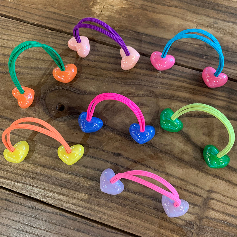 20g Weight Hair Tie Hair Accessories Type 2 Pieces Per Card Quantity Holiday, Daily Occasion Acrylic Material Color Block, Heart Shape Pattern Kid'S Gender Cute, Sweet Style Cute Sweet Kid'S Color Block Heart Shape Arylic Hair Tie 3
