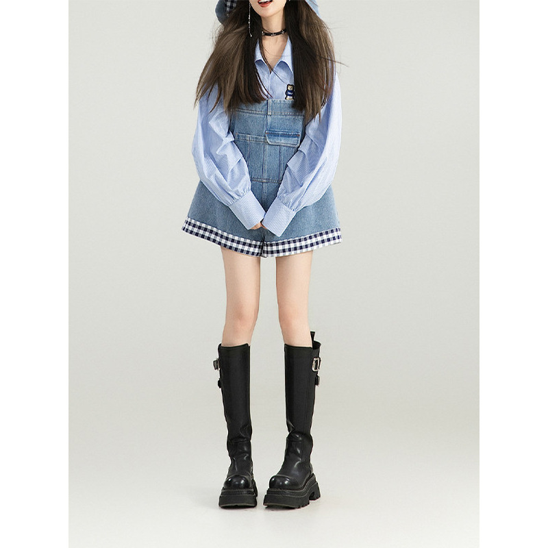 Sweet and Cute Youthful Patchwork Plaid Overalls, Early Spring Loose-Fitting Rolled-Up Short Denim Pants for Petite Figures