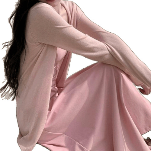 Long/medium-length spring and summer casual women's knit cardigan, thin pink top jacket, suitable for layering, new style