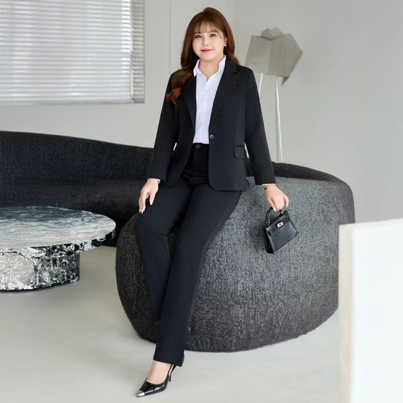 Plus-Size Professional Suit Set for Women, Black and Navy Blue Workwear, Formal Attire for College Interviews