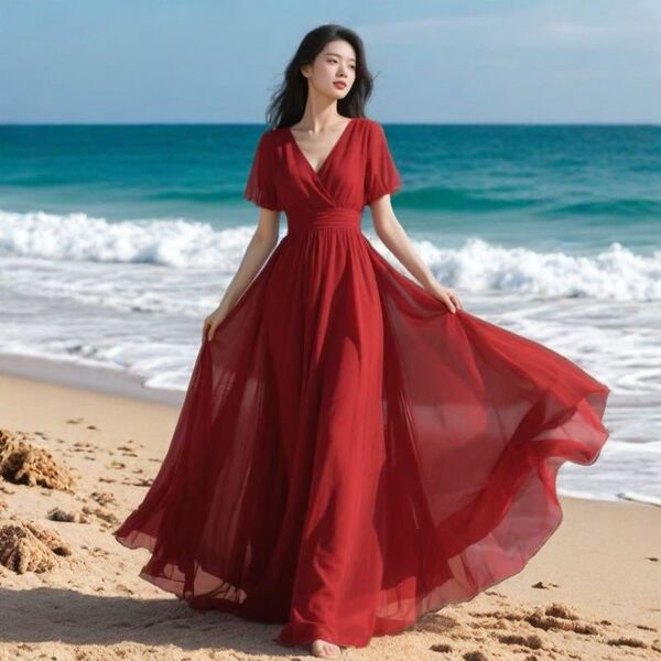 Summer red shiffon long fitted beach dress
