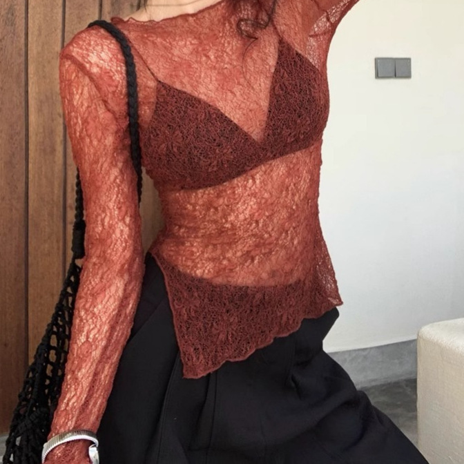 Ruffled Lace Base Shirt for Women, Sheer Slim Fit, 2025 Autumn New Spicy Girl Style Long Sleeve T-Shirt