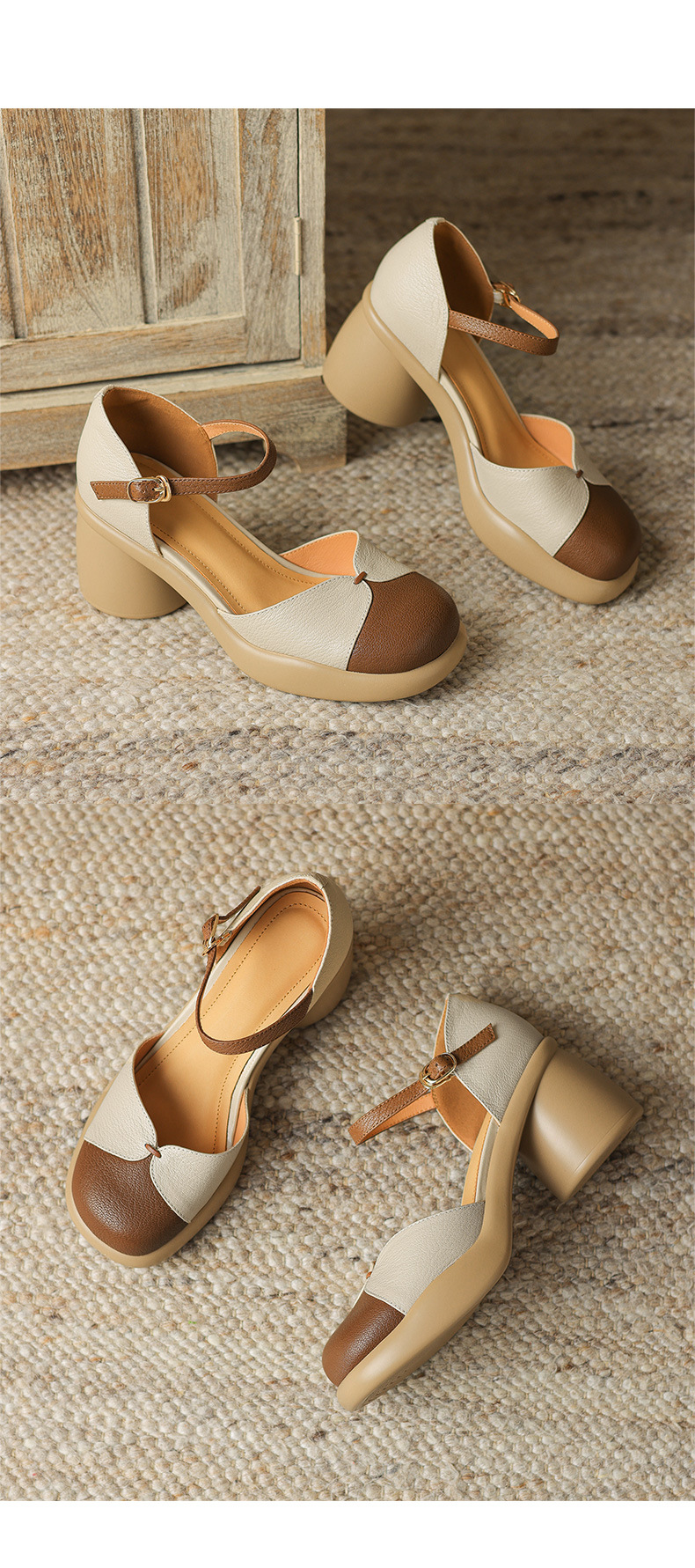 Sandal cao gót nữ bít mũi da cừu phối màu đế dày gót vuông quai ngang — Màu trắng be chi tiết 12