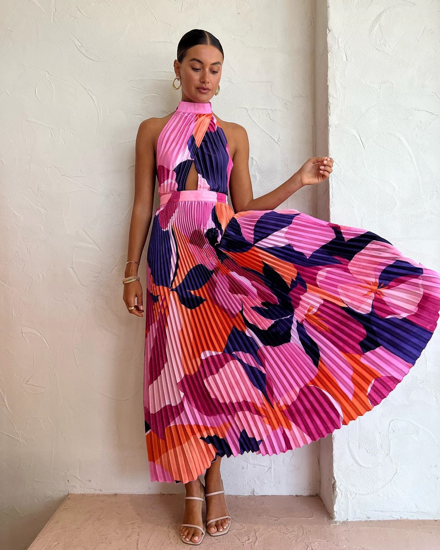 Sleeveless Sleeve Length Swing Dress Dresses Type Wholesale Women's Vacation Pleated Hollow Out Backless Color Block Daily Halter Neck Sleeveless Swing Dress
