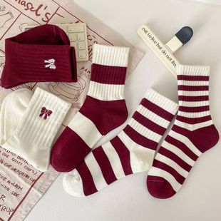 Ankola Red Socks Bow wine red Women's Medium Barrel Striped Autumn Women's Autumn Ankola Red Sports Medium Barrel