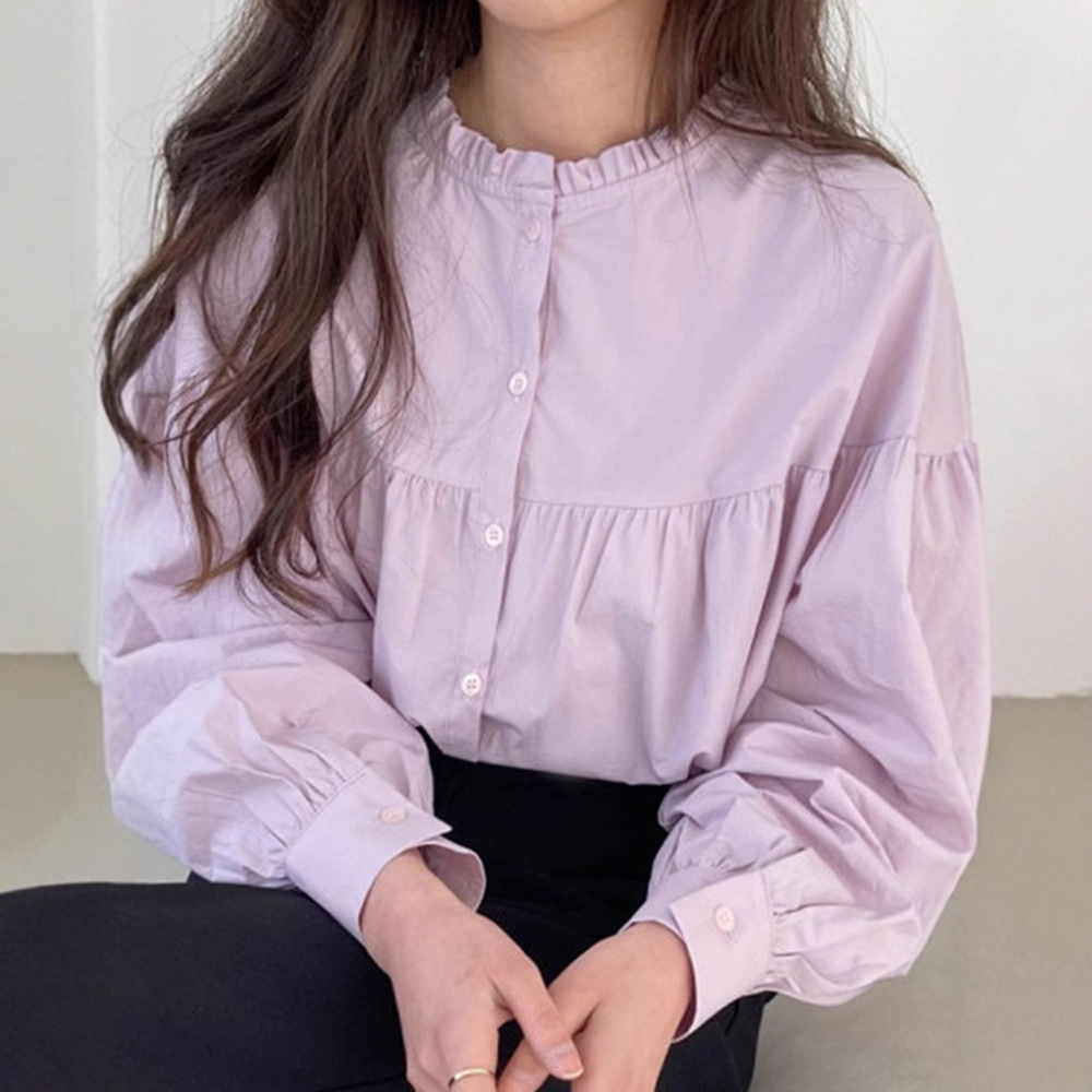 韩国东大门秋季新款减龄圆领木耳边宽松休闲泡泡袖衬衫长袖上衣女