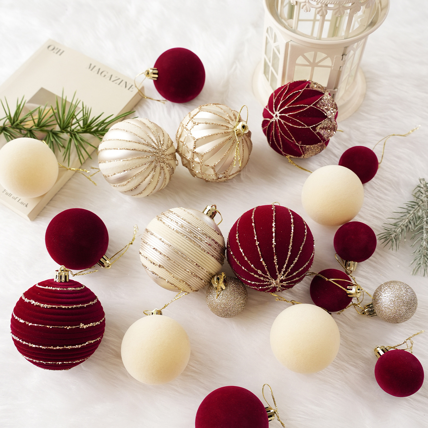 Nuevo balón de Navidad de barril flocado bola de plástico ligera de lujo de alta calidad pintura bola de Navidad árbol colgante bola decoración