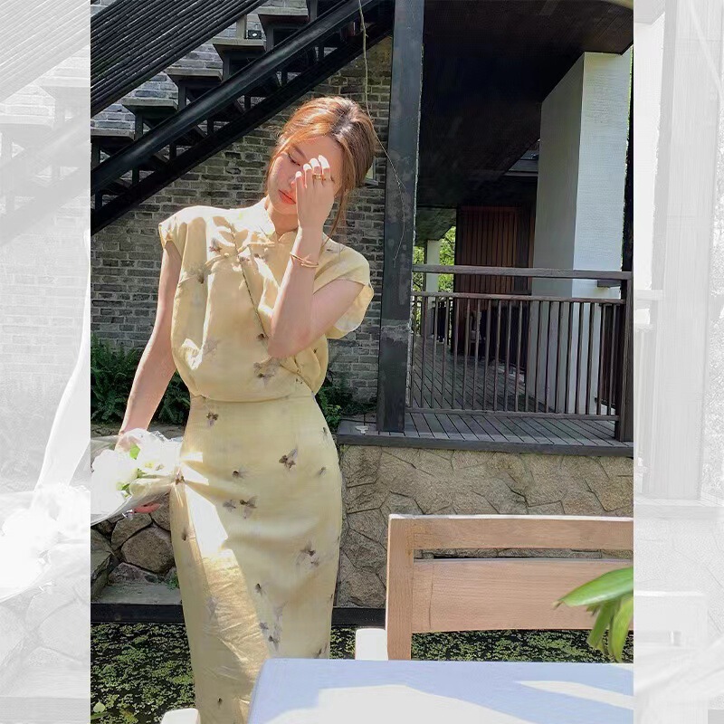 FL222137 Hong Kong Style Vintage Chic Skirt Texture High-end French Style Long Dress New Chinese Style Improved Cheongsam Dress