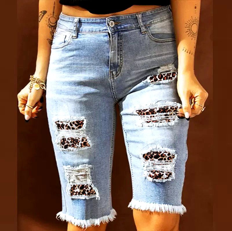 European and American Cross-Border Amazon Temu Casual Denim Shorts Leopard Print Ripped Patchwork Frayed Denim Shorts for Women