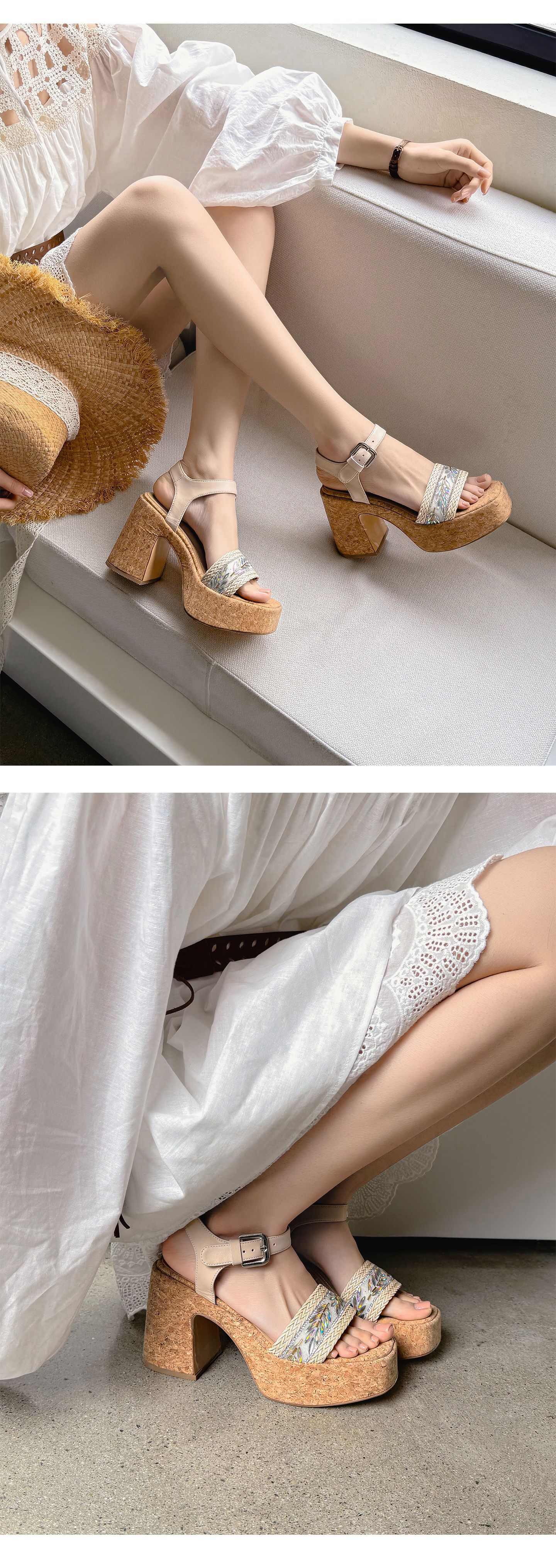 Sandal cao gót nữ mũi vuông phong cách Pháp, quai đan kiểu La Mã, gót 9 cm — xanh lá cây, màu mơ chi tiết 13