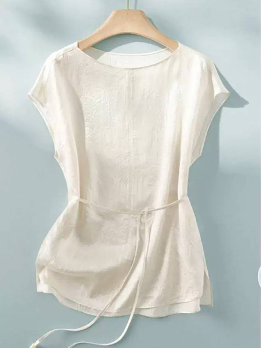 Áo sơ mi nữ satin bóng cao cấp cổ một chữ tay ngắn mùa hè — màu be chi tiết 2