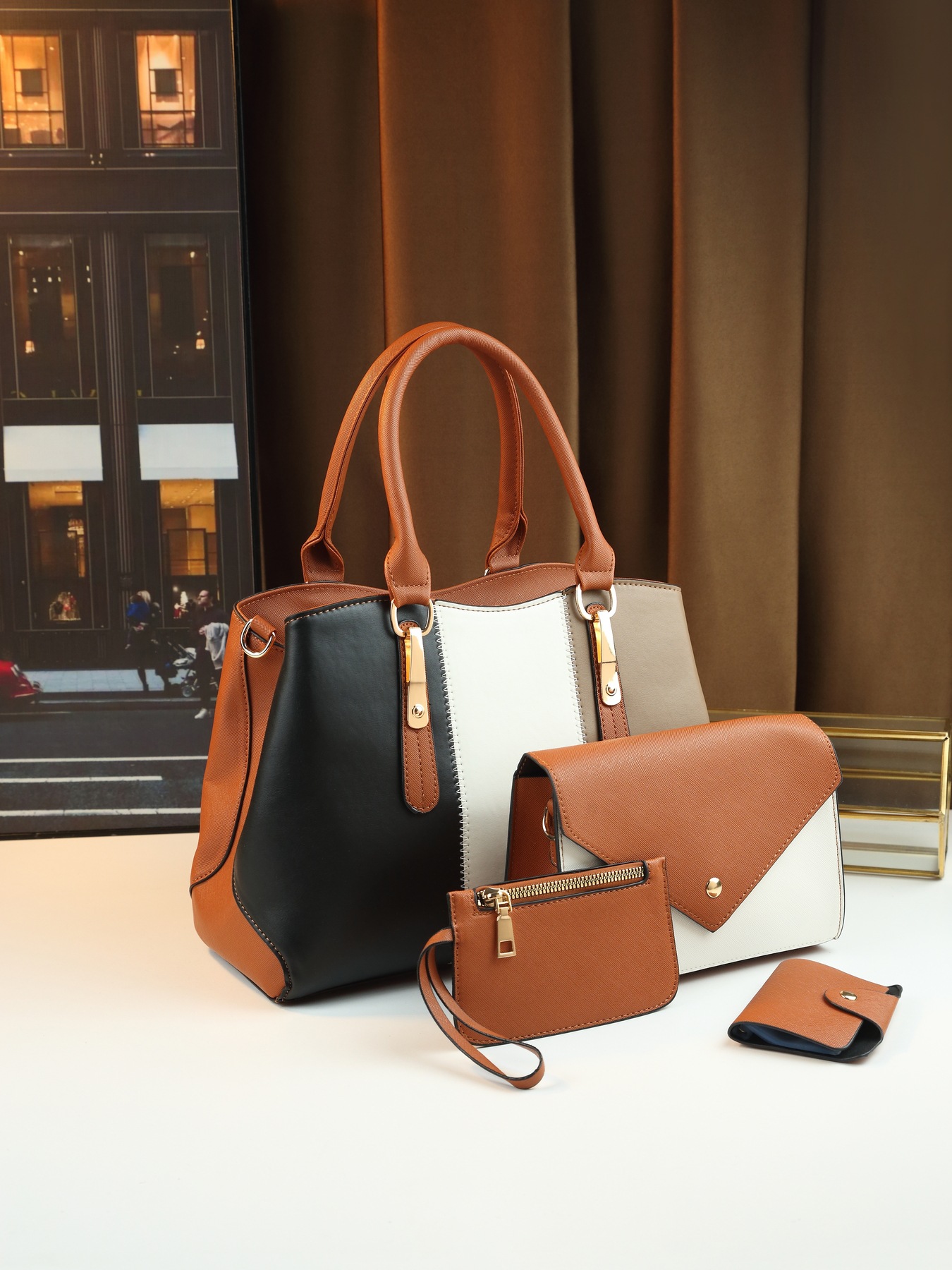 Modische Damen Handtasche Im 4-teile-set Mit Farbblock-design_voghion.com