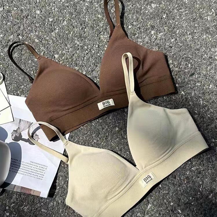 Breathable Underwear Set French Triangular Cup Women's Small Breast Flat Chest Fixed Cup Thin Plaid Wireless Bra