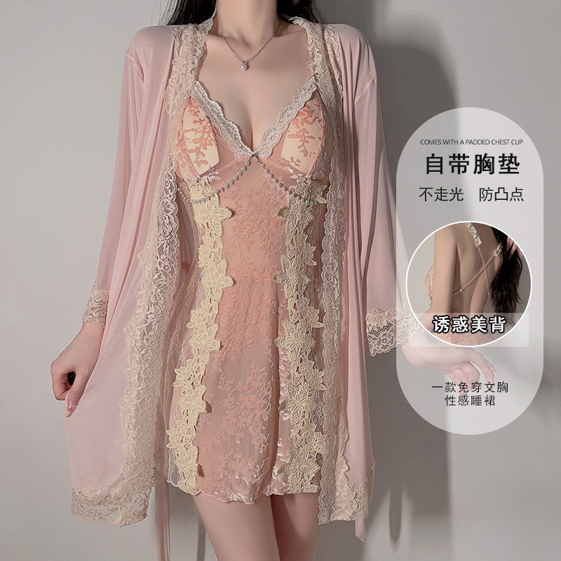 Sexy and Alluring Women's Pajamas with Chest Pads, Pure Desire Lace Temptation, Warm Velvet Nightdress Robe Home Set 5911