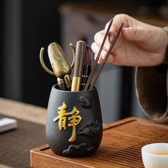 Tea set accessories for tea ceremony with six gentlemen made of ebony wood, tea tongs, tea knife, tea pot brush, tea utensils and brewing tools 