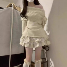 一字肩氛围感长袖甜美针织衫上衣小个子蛋糕纯欲半身裙学院风套装