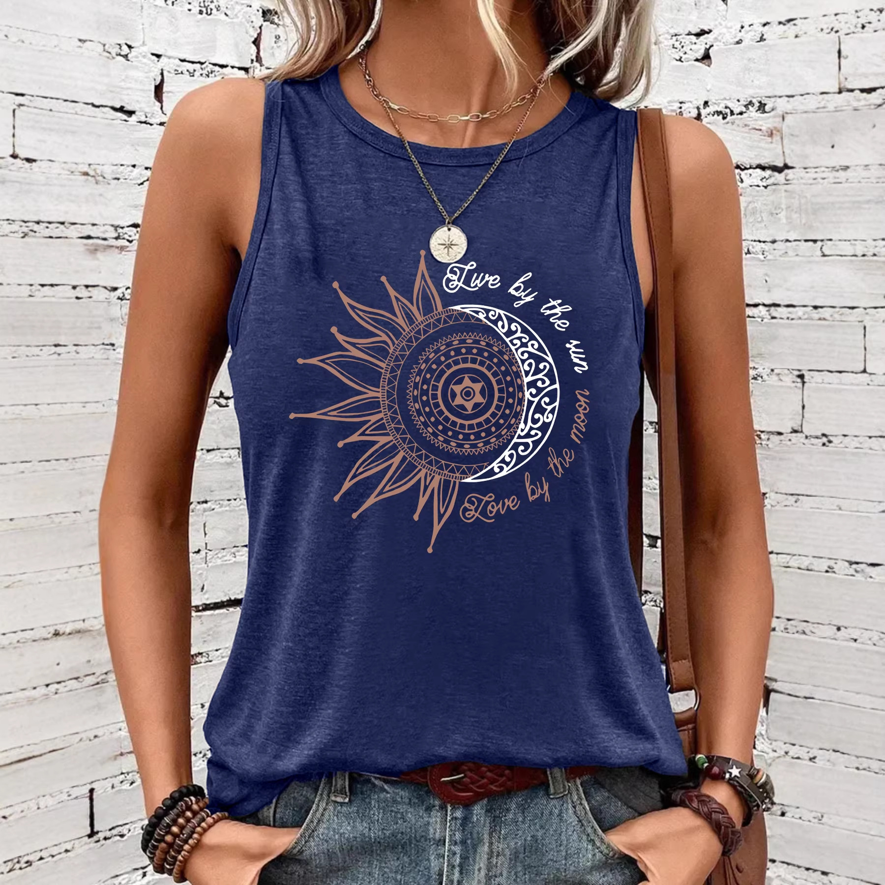Women's Vest with Sun and Moon Print, Amazon Simple Casual Loose Comfortable Round Neck Vest, Wholesale Cross-Border Tops