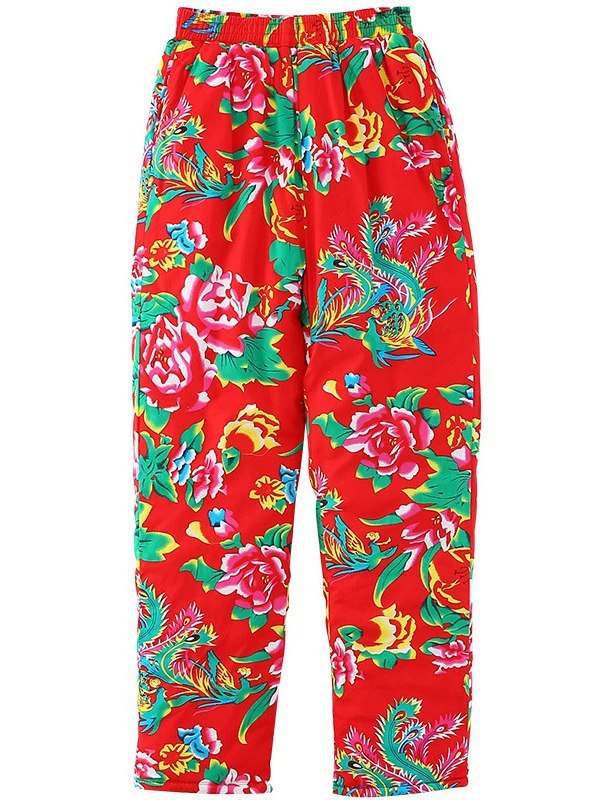 Фиолетовая Ни Ни Floral Демисезонные тёплые брюки, свободный прямой крой, высокий пояс, шёлк-хлопок, цветной принт