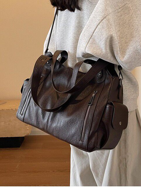 Túi tote nữ dung tích lớn đeo chéo đeo vai phong cách retro, chất liệu PU mềm — Màu cà phê, Màu nâu, Màu đen