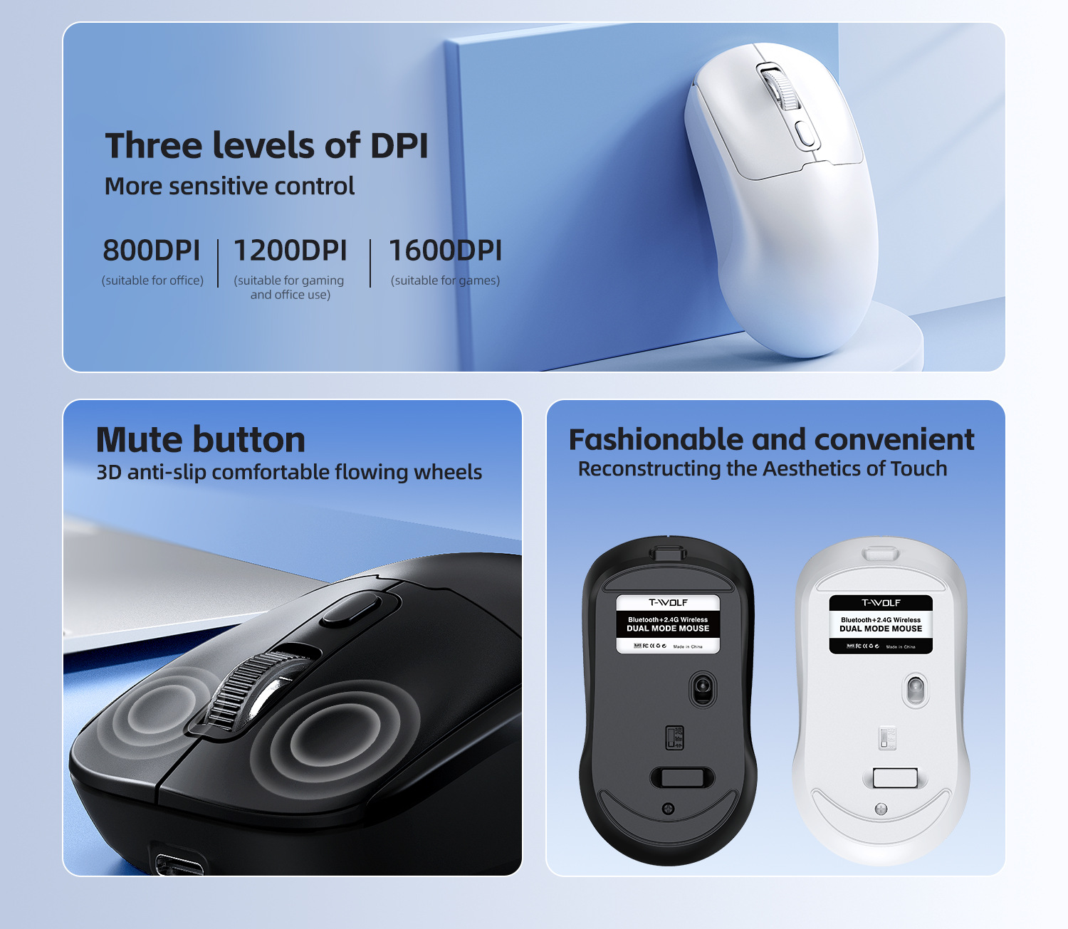 T-WOLF Thunder Wolf Q3 Bluetooth Kablosuz Fare Çift Modlu Şarj 2.4G Dizüstü Ofis Fare Sessiz