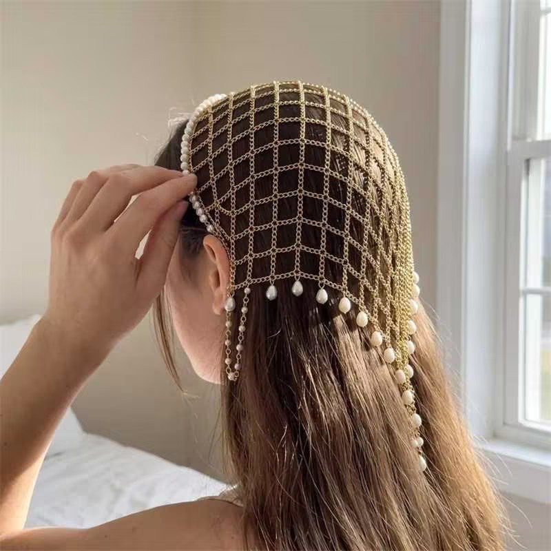 Amazon's Best-Selling Pearl Hair Accessories, Elegant Water Drop Bead Mesh Head Chain, Fashionable Accessories for Women, Hair Chain