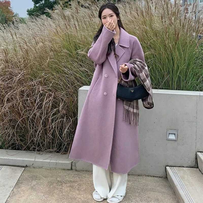 High-end grey wool coat for women, autumn and winter 2026 new Korean style, petite, mid-length, thickened.